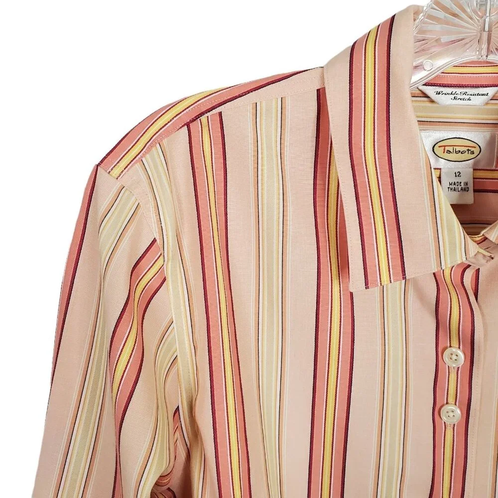 Talbots Sz 12 Shirt Button Down Vertical Stripe Wrinkle Resistant Collared Peach - Picture 5 of 8